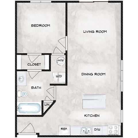 Floor plan for 1 bed, 1 bath, 581 sqft